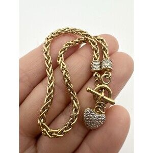 Romanza 18k Gold Plated Heart Charm Diamond Toggle Bracelet 7.5”